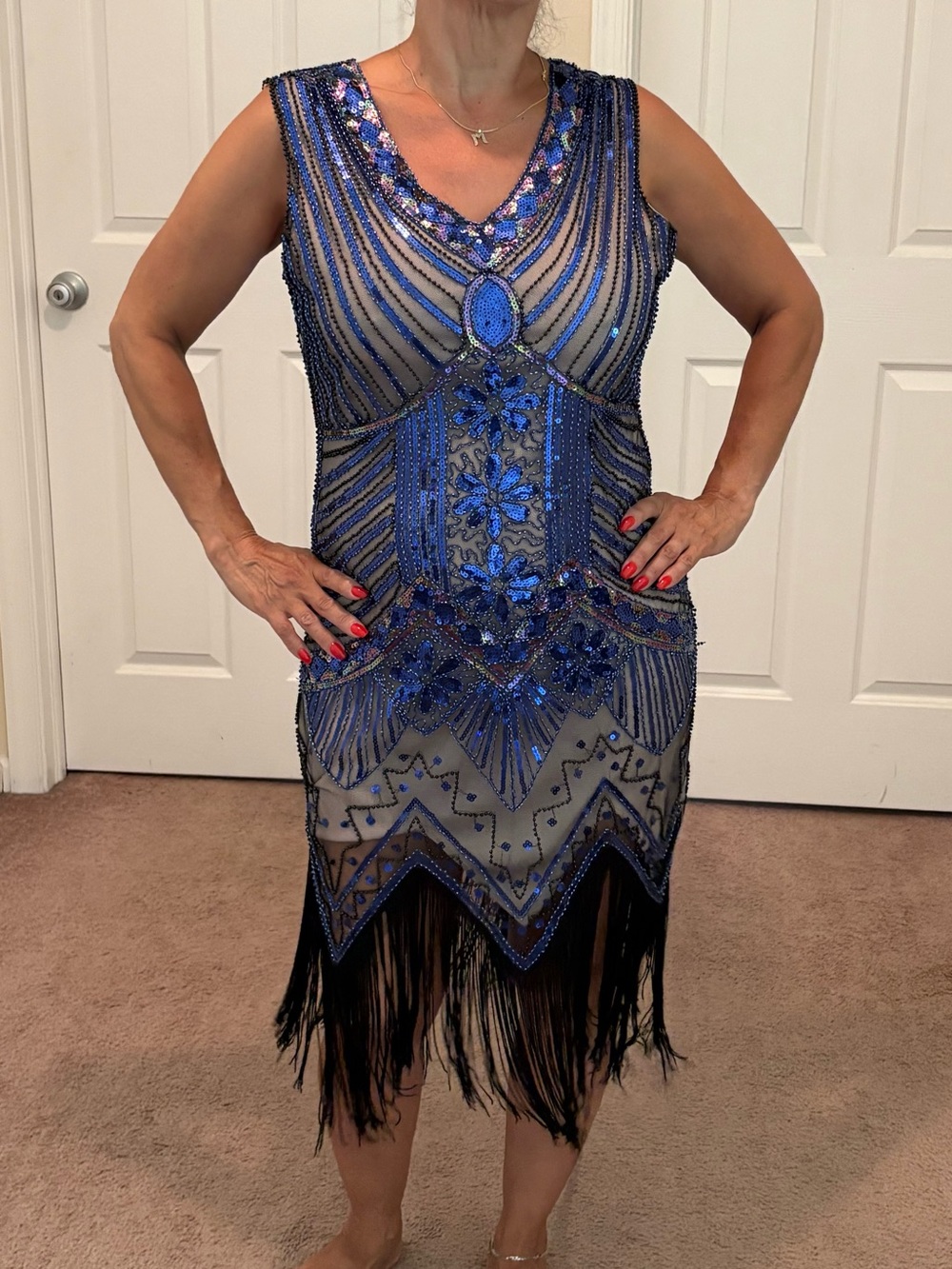 Sleeveless Beaded Midi Dress in Navy Blue with Fringe